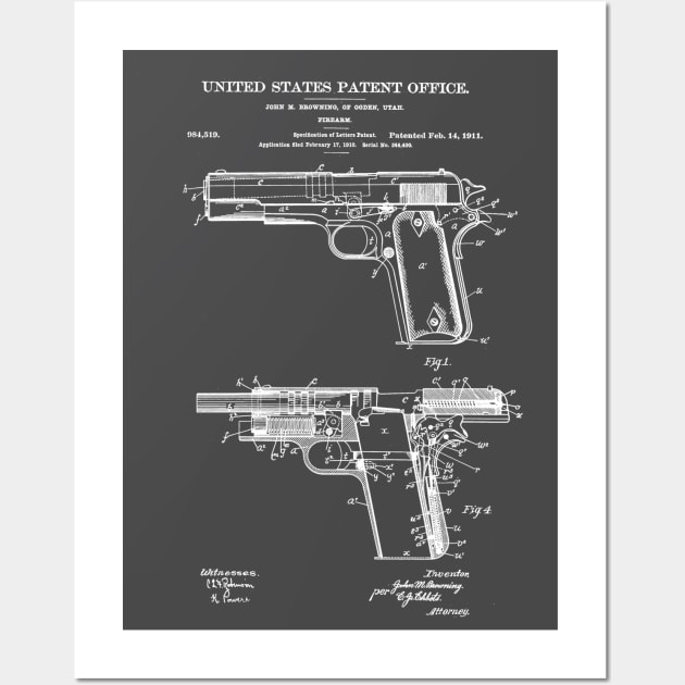 Firearm Colt 1911 Patent White Wall Art by Luve